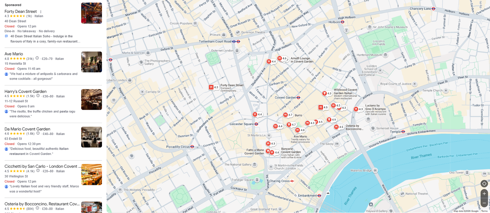 Google Maps search results for Italian restaurants in Covent Garden