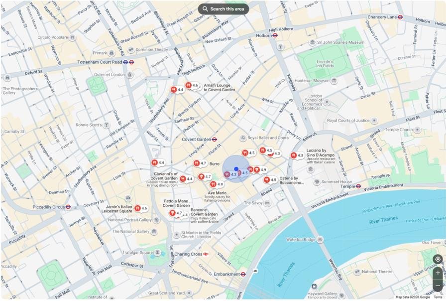 Google Maps showing restaurants in the Covent Garden area