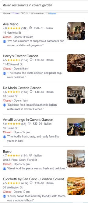 Google list of Italian restaurants ranked in Covent Garden, London